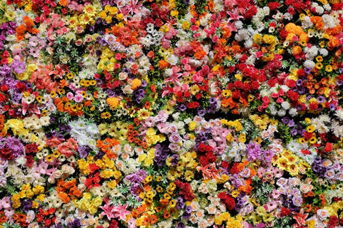 Vibrant dense tapestry of artificial colorful flowers for Flower Essences Guide
