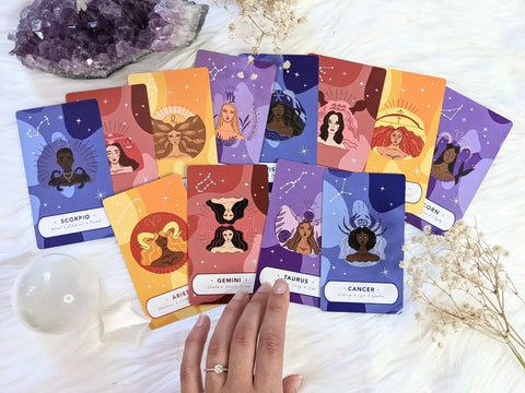 Vibrantly illustrated Zodiac Sign Cards for Oracle Trading Card Guide