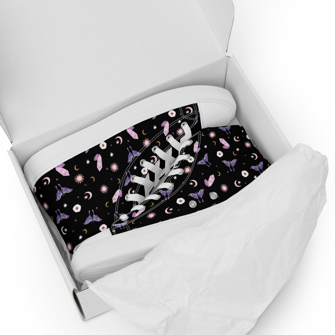 Woman's Hightop Sneakers - Black Crystal Moon Moth Hightop Sneakers