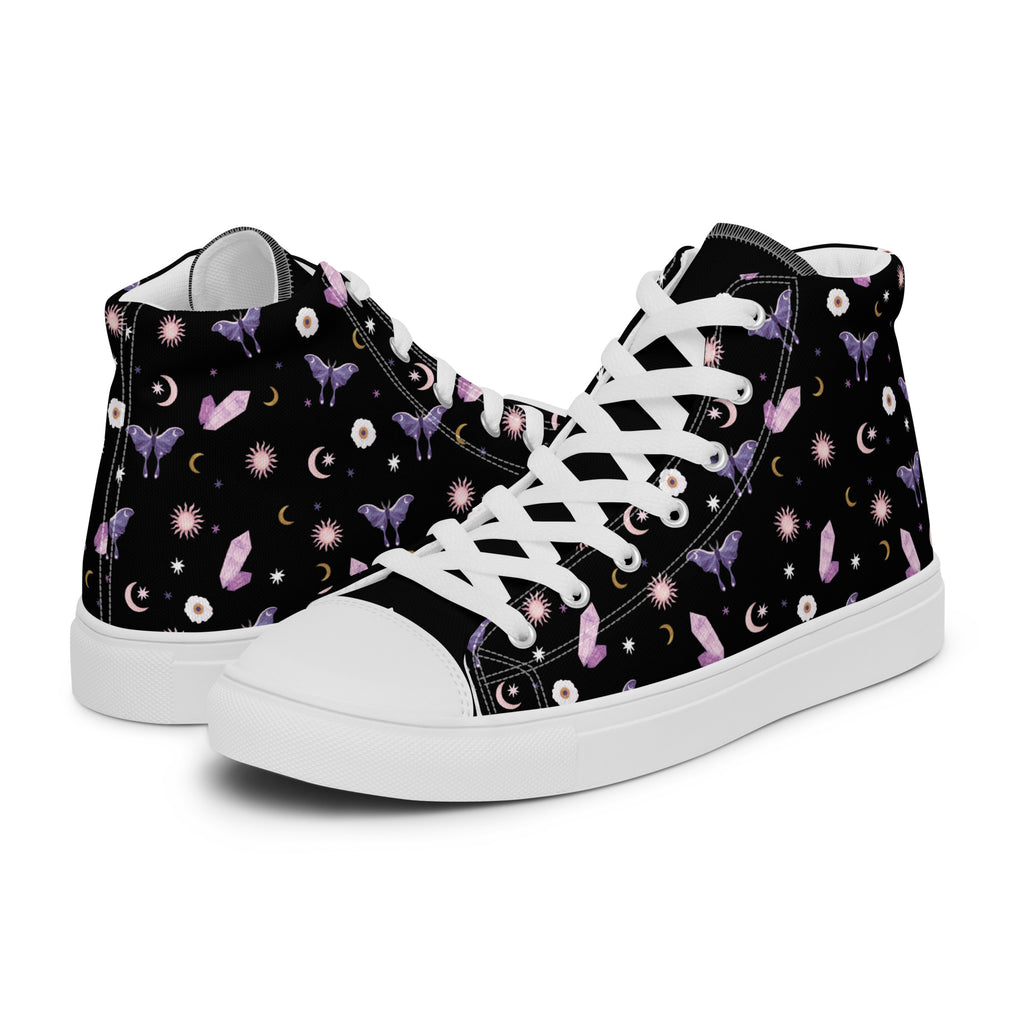 Woman's Hightop Sneakers - Black Crystal Moon Moth Hightop Sneakers