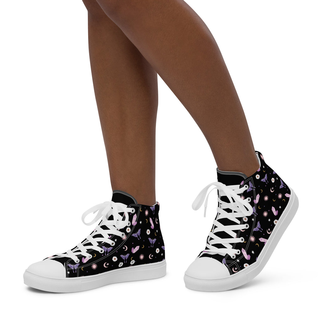 Woman's Hightop Sneakers - Black Crystal Moon Moth Hightop Sneakers