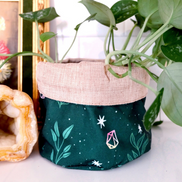 Reversible Fabric Plant Pot Holder with Crystals and Botanicals by Goddess Provisions. 