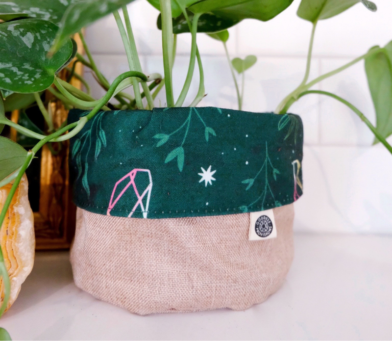 Reversible Fabric Plant Pot Holder with Crystals and Botanicals by Goddess Provisions. 