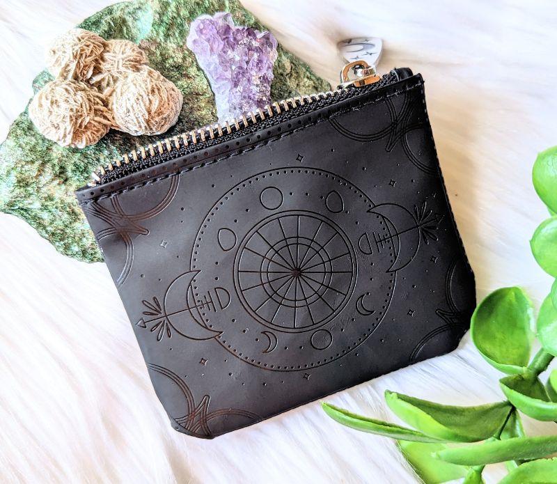 Black Celestial Magic Coin Purse laid flat with crystals in the background available at Goddess Provisions