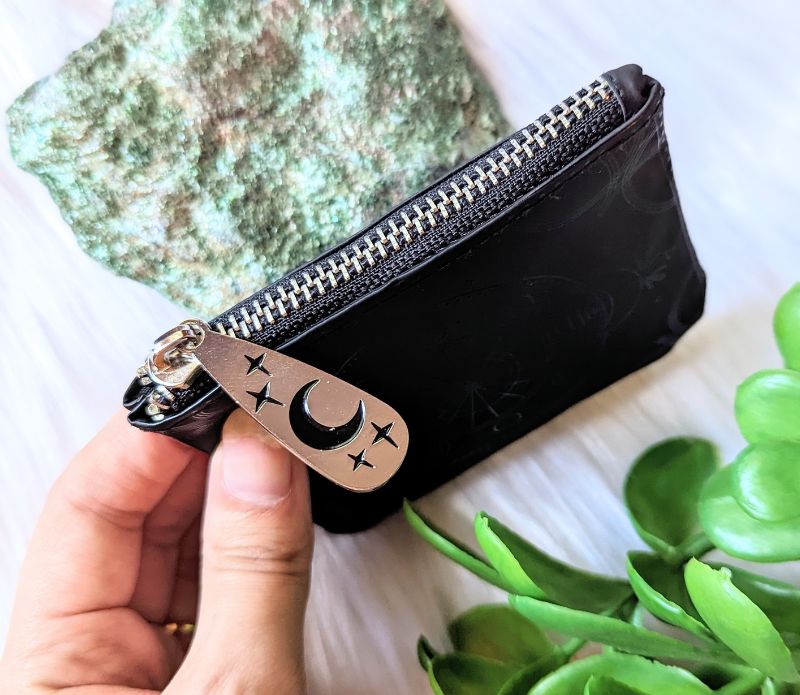 Black Celestial Magic Coin Purse with crystals in the background available at Goddess Provisions