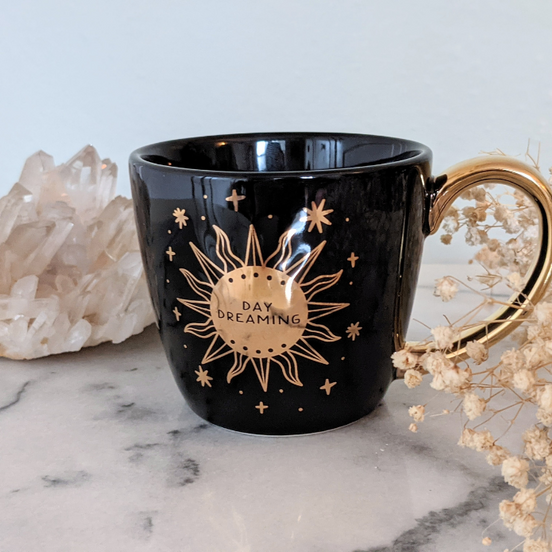 Celestial Tea Set including mug, tea towel, and golden spoon. Available at Goddess Provisions.