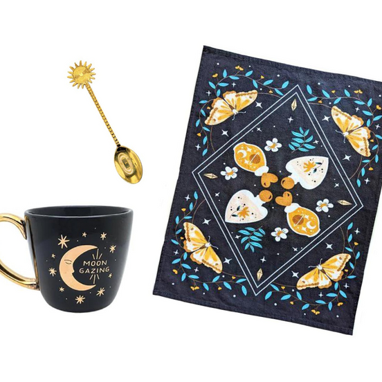 Celestial Tea Set including mug, tea towel, and golden spoon. Available at Goddess Provisions.