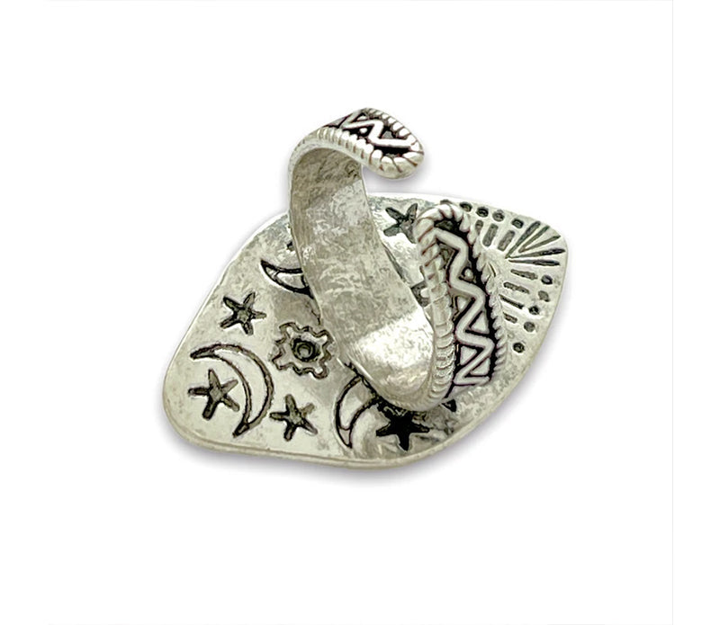 Adjustable antique silver-plated brass Clear Quartz Moonlight Ring featuring a crescent moon and crystal design. Available at Goddess Provisions