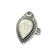 Adjustable antique silver-plated brass Clear Quartz Moonlight Ring featuring a crescent moon and crystal design. Available at Goddess Provisions