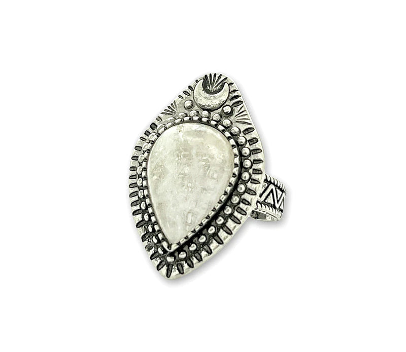 Adjustable antique silver-plated brass Clear Quartz Moonlight Ring featuring a crescent moon and crystal design. Available at Goddess Provisions