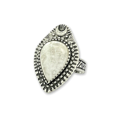Adjustable antique silver-plated brass Clear Quartz Moonlight Ring featuring a crescent moon and crystal design. Available at Goddess Provisions