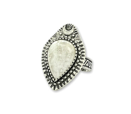 Adjustable antique silver-plated brass Clear Quartz Moonlight Ring featuring a crescent moon and crystal design. Available at Goddess Provisions