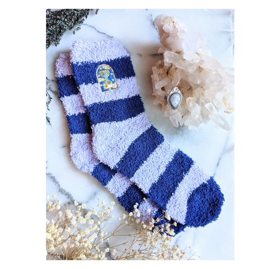 Fuzzy Dreams Socks with crystals in the background from Goddess Provisions