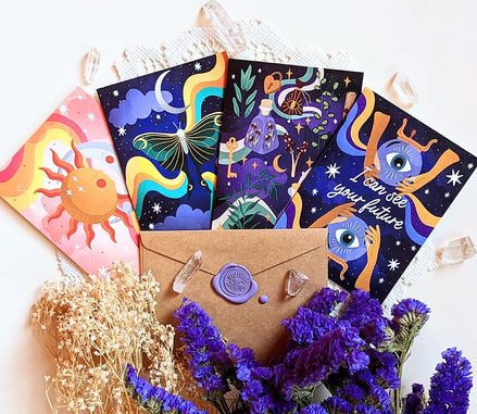 A set of Magical Memos Greeting Cards with celestial designs available at Goddess Provisions