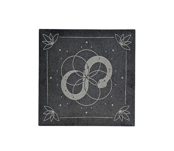 Infinite Magic Altar Tile with serpent image and flowers in the corners.  Available at Goddess Provisions