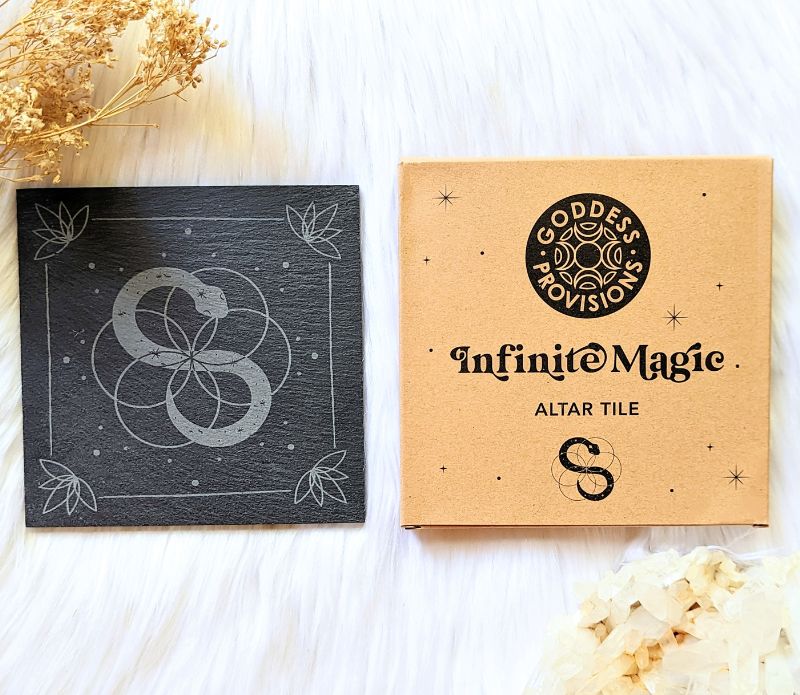 Infinite Magic Altar and Goddess Provisions Infinite Magic altar tile packaging. Available at Goddess Provisions