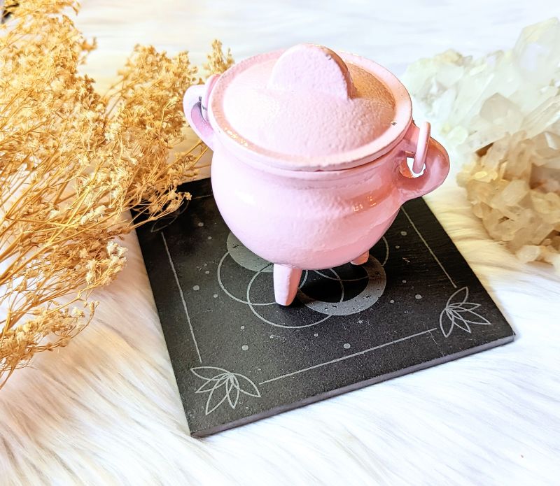Infinite Magic Altar with Pink Cast Iron Cauldron in the center. Altar tools available at Goddess Provisions