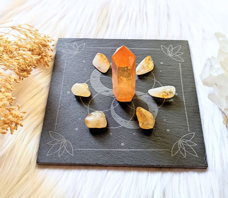 Infinite Magic Altar with orange crystals placed on the altar tile. Available at Goddess Provisions