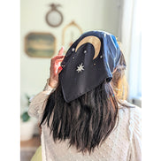 Midnight Garden vegan silk scar with stars and moon used as an altar cloth, a scarf or a headband. Available at Goddess Provisions