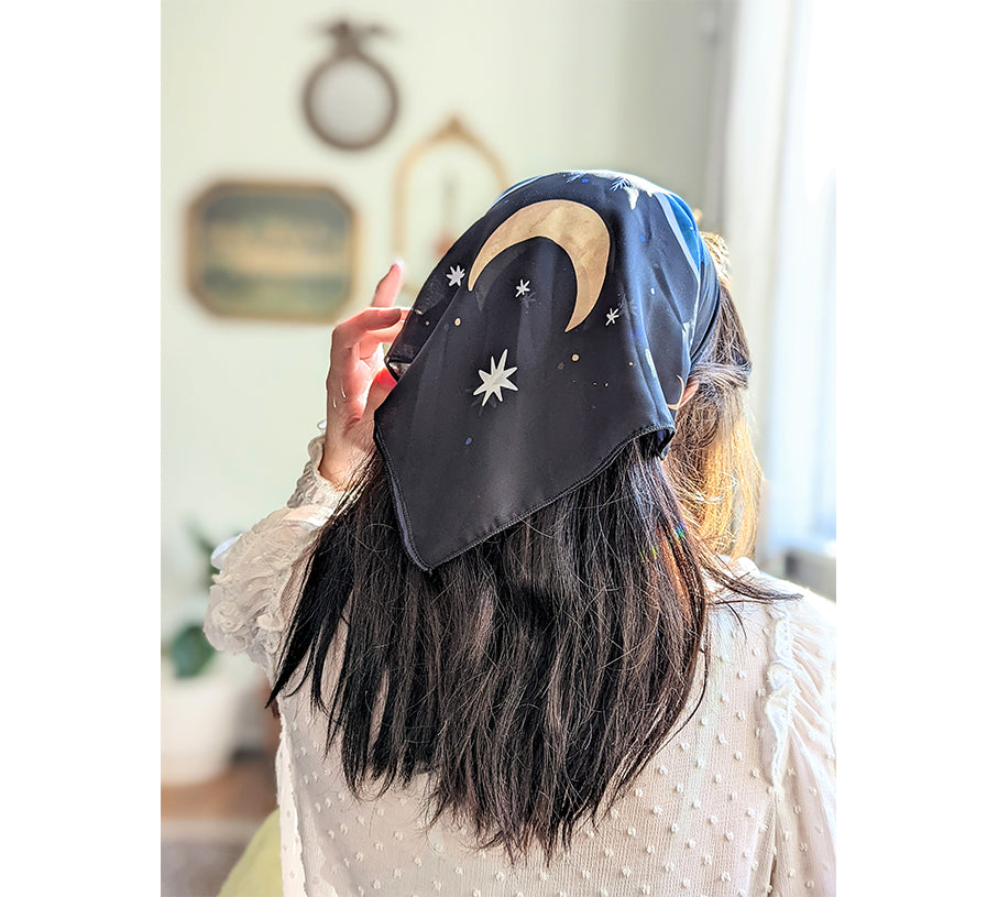 Midnight Garden vegan silk scar with stars and moon used as an altar cloth, a scarf or a headband. Available at Goddess Provisions