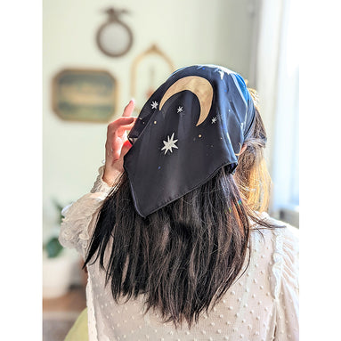 Midnight Garden vegan silk scar with stars and moon used as an altar cloth, a scarf or a headband. Available at Goddess Provisions