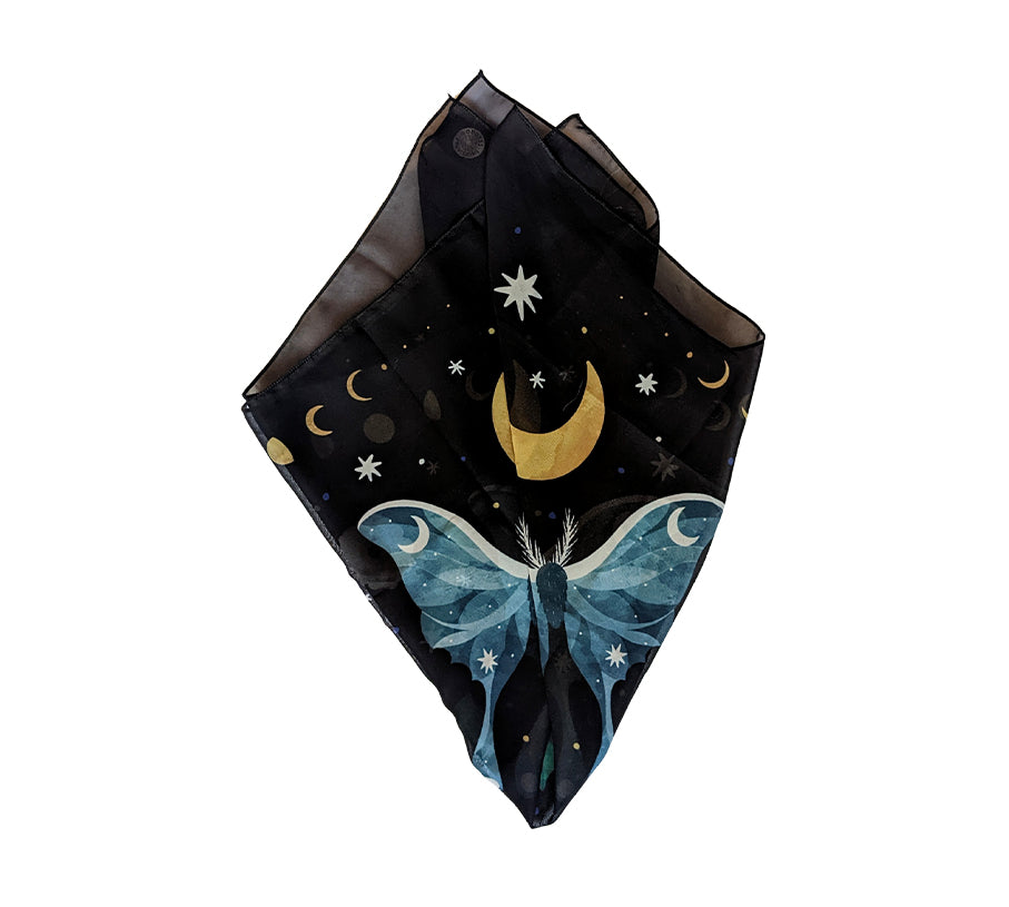 Midnight Garden vegan silk scar with stars and moon used as an altar cloth, a scarf or a headband. Available at Goddess Provisions
