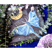 Midnight Garden vegan silk scar with stars and moon used as an altar cloth, a scarf or a headband. Available at Goddess Provisions