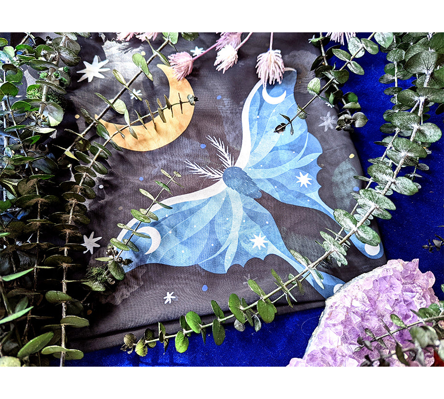 Midnight Garden vegan silk scar with stars and moon used as an altar cloth, a scarf or a headband. Available at Goddess Provisions