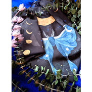 Midnight Garden vegan silk scar with stars and moon used as an altar cloth, a scarf or a headband. Available at Goddess Provisions