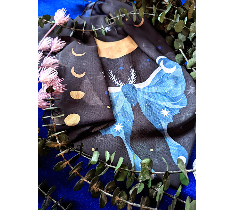 Midnight Garden vegan silk scar with stars and moon used as an altar cloth, a scarf or a headband. Available at Goddess Provisions