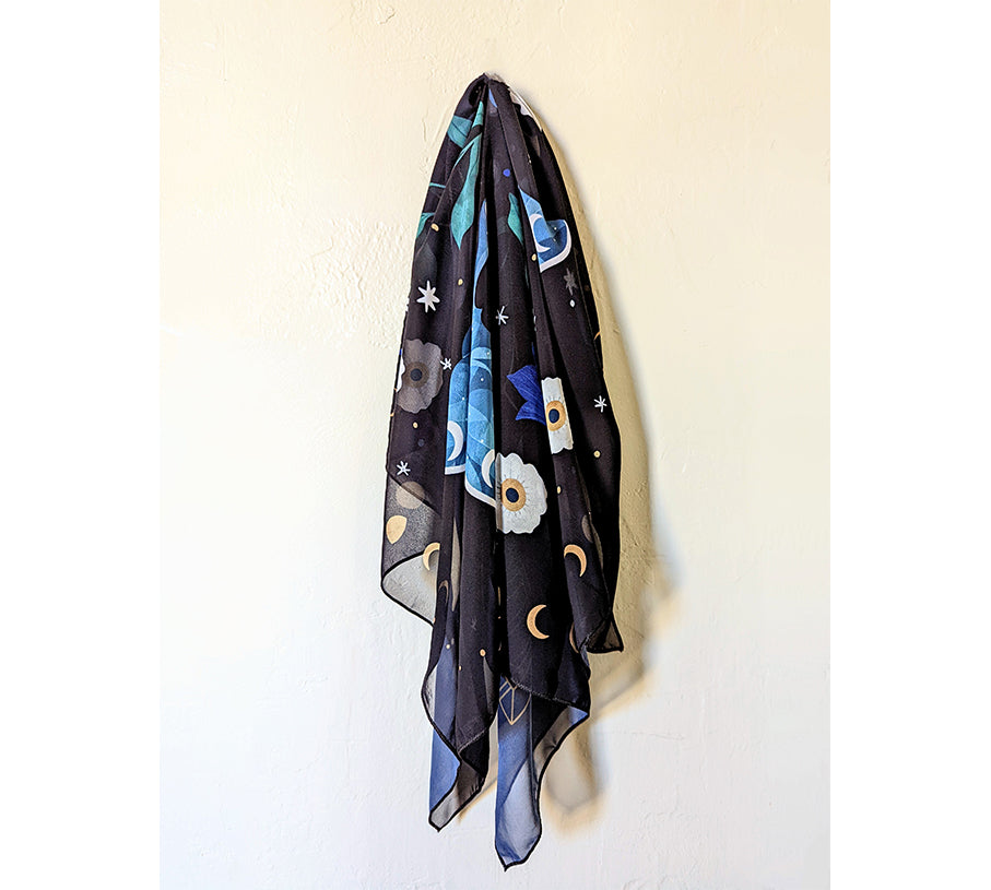 Midnight Garden vegan silk scar with stars and moon used as an altar cloth, a scarf or a headband. Available at Goddess Provisions