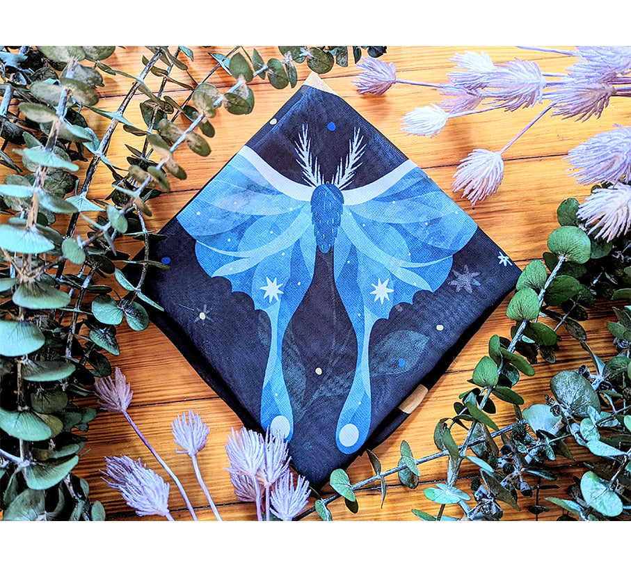 Midnight Garden vegan silk scar with stars and moon used as an altar cloth, a scarf or a headband. Available at Goddess Provisions