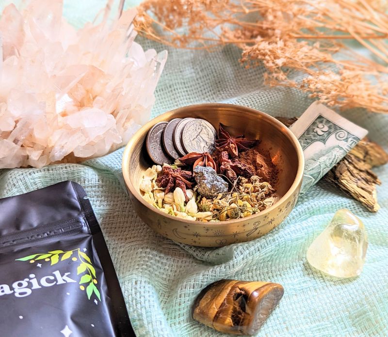 Attract abundance with the Money Magick Ritual Kit. Includes herbs, pyrite, and instructions for creating money bowls, jars, or prosperity rituals. Available at Goddess Provisions.