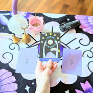 Mystic Moons Drape used as an altar cloth with for rituals. Versatile Mystic Moons textile for altars, decor, or wearing. Available at Goddess Provisions.