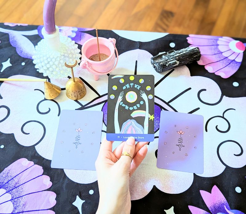 Mystic Moons Drape used as an altar cloth with for rituals. Versatile Mystic Moons textile for altars, decor, or wearing. Available at Goddess Provisions.