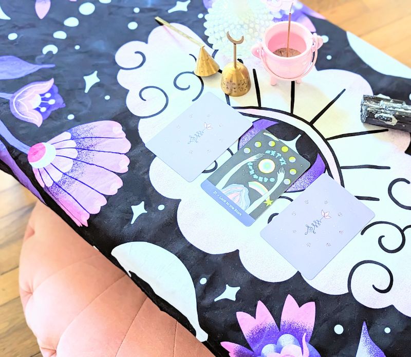 Mystic Moons Drape used as an altar cloth with for rituals. Versatile Mystic Moons textile for altars, decor, or wearing. Available at Goddess Provisions.