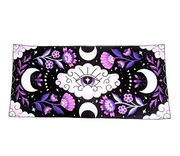 Mystic Moons Drape used as an altar cloth with lunar symbolism. Versatile Mystic Moons textile for altars, decor, or wearing. Available at Goddess Provisions.