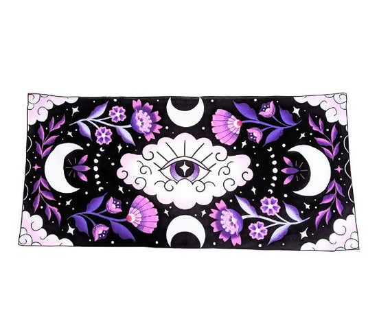 Mystic Moons Drape used as an altar cloth with lunar symbolism. Versatile Mystic Moons textile for altars, decor, or wearing. Available at Goddess Provisions.