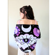 Mystic Moons Drape used as an altar cloth with lunar symbolism. Versatile Mystic Moons textile for altars, decor, or wearing. Available at Goddess Provisions.