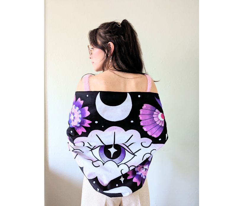 Mystic Moons Drape used as an altar cloth with lunar symbolism. Versatile Mystic Moons textile for altars, decor, or wearing. Available at Goddess Provisions.