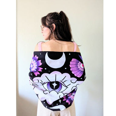 Mystic Moons Drape used as an altar cloth with lunar symbolism. Versatile Mystic Moons textile for altars, decor, or wearing. Available at Goddess Provisions.