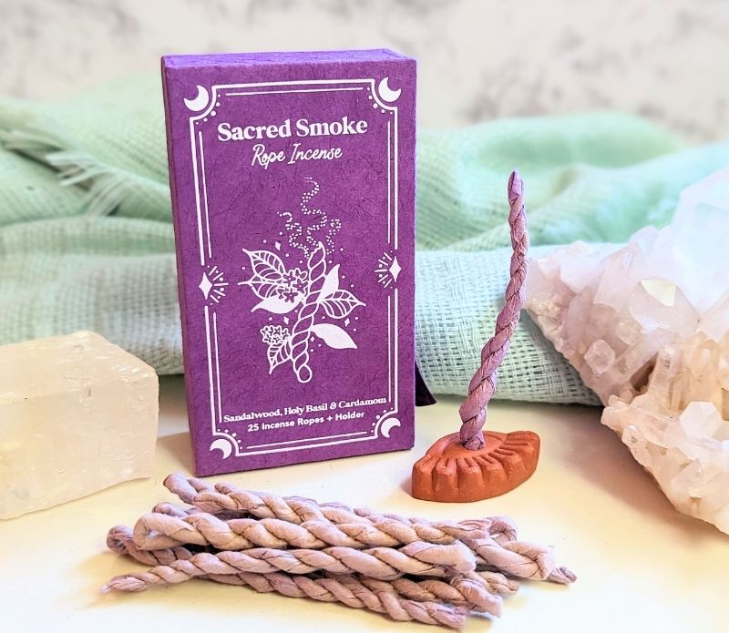 Stupa Smoke Rope Incense and closed box. Available at Goddess Provisions