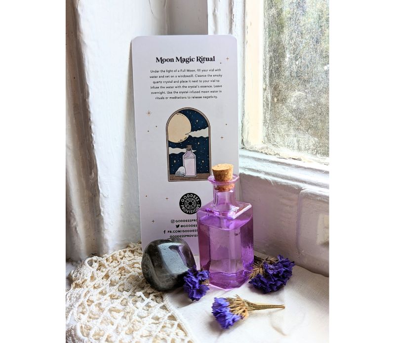 Elevate your spiritual practice with the portable Travel Ritual Kit. Includes brass tongs, glass vial, Smoky Quartz, and essential oil blend for on-the-go rituals. Available at Goddess Provisions.