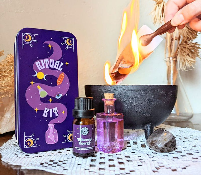 Elevate your spiritual practice with the portable Travel Ritual Kit. Includes brass tongs, glass vial, Smoky Quartz, and essential oil blend for on-the-go rituals. Available at Goddess Provisions.