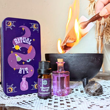 Elevate your spiritual practice with the portable Travel Ritual Kit. Includes brass tongs, glass vial, Smoky Quartz, and essential oil blend for on-the-go rituals. Available at Goddess Provisions.