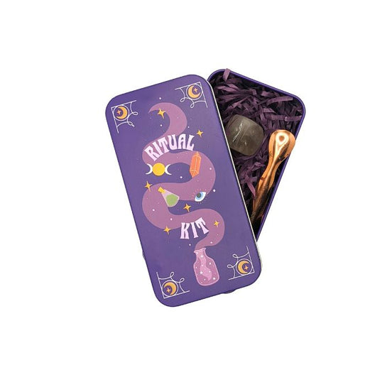 Elevate your spiritual practice with the portable Travel Ritual Kit. Includes brass tongs, glass vial, Smoky Quartz, and essential oil blend for on-the-go rituals. Available at Goddess Provisions.