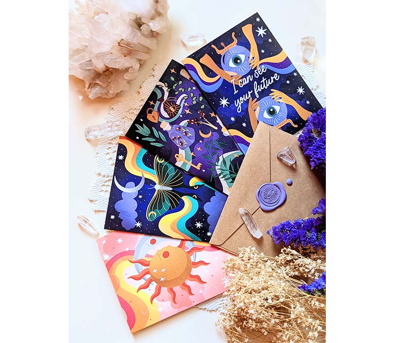 A set of Magical Memos Greeting Cards with celestial designs available at Goddess Provisions