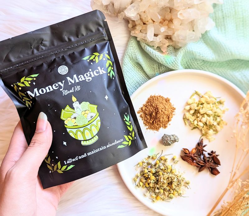 Attract abundance with the Money Magick Ritual Kit. Includes herbs, pyrite, and instructions for creating money bowls, jars, or prosperity rituals. Available at Goddess Provisions.