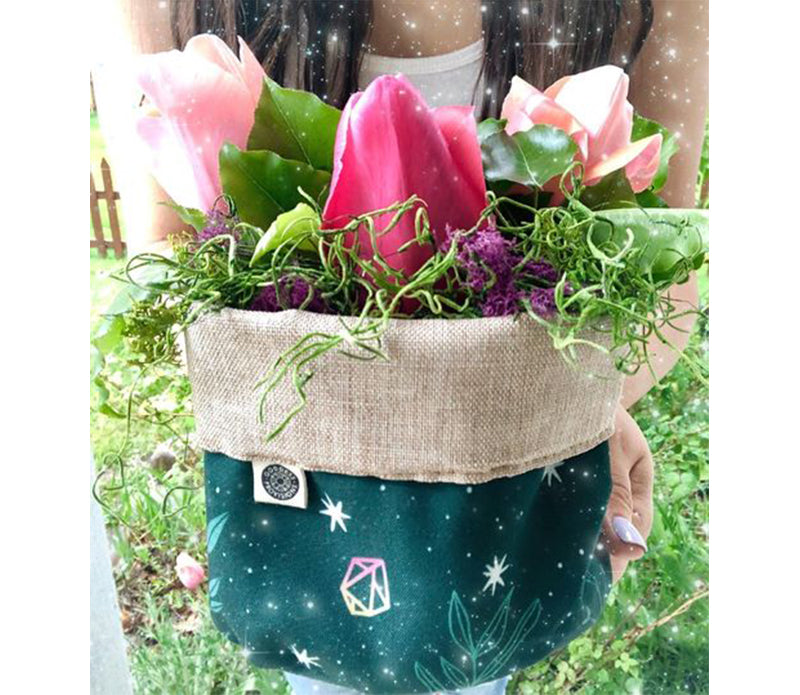 Reversible Fabric Plant Pot Holder with Crystals and Botanicals by Goddess Provisions. 