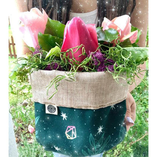 Reversible Fabric Plant Pot Holder with Crystals and Botanicals by Goddess Provisions. 